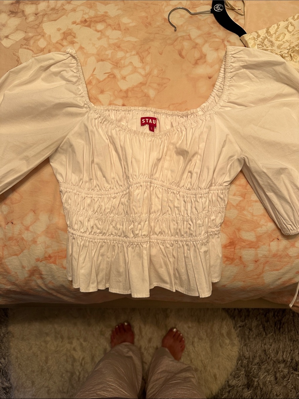 STAUD White Smocked Square-Neck Blouse